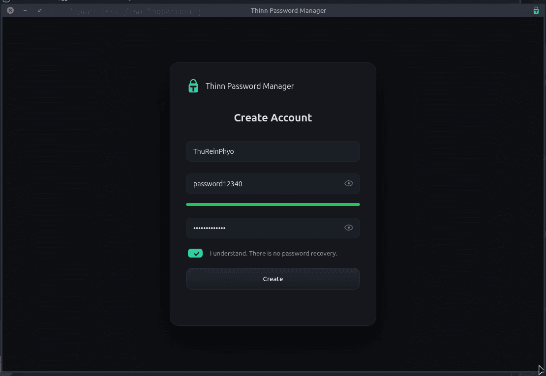Thinn Password Manager create account screen
