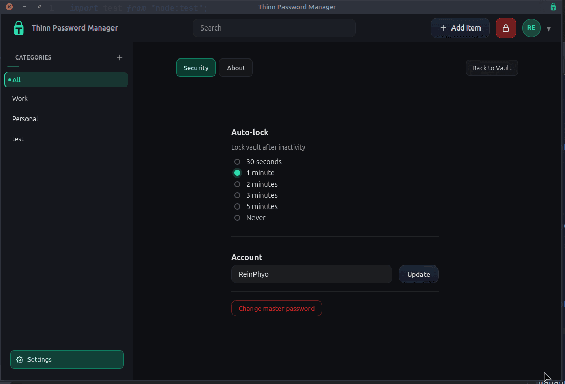 Thinn Password Manager security settings screen