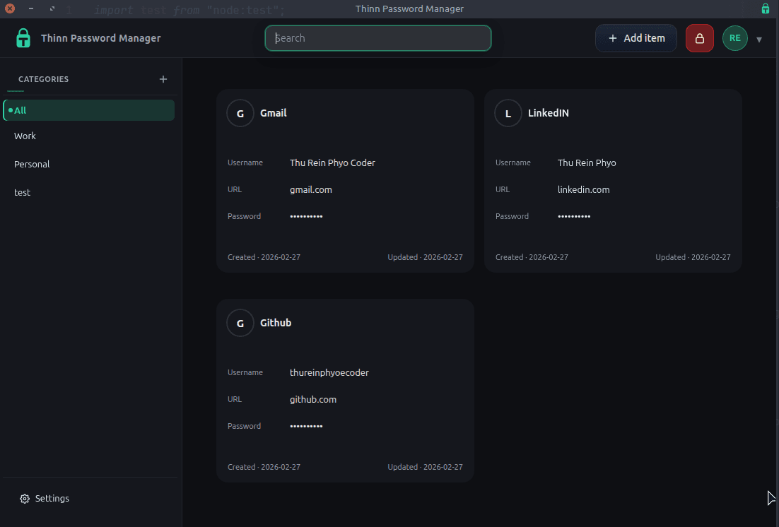 Thinn Password Manager vault list interface